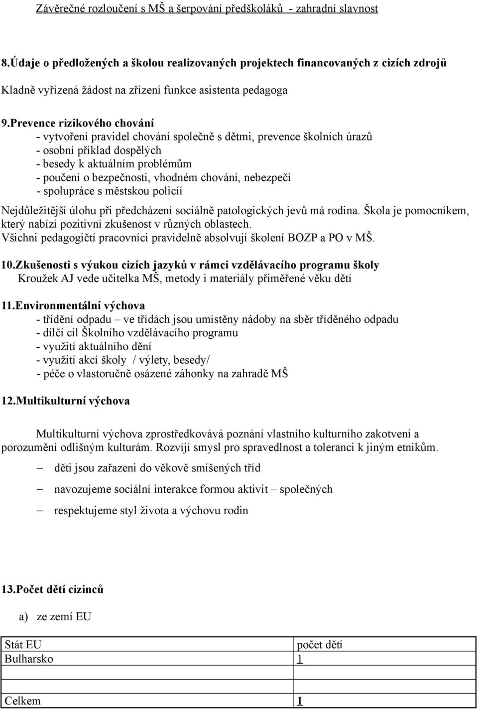 Prevence rizikového chování - vytvoření pravidel chování společně s dětmi, prevence školních úrazů - osobní příklad dospělých - besedy k aktuálním problémům - poučení o bezpečnosti, vhodném chování,