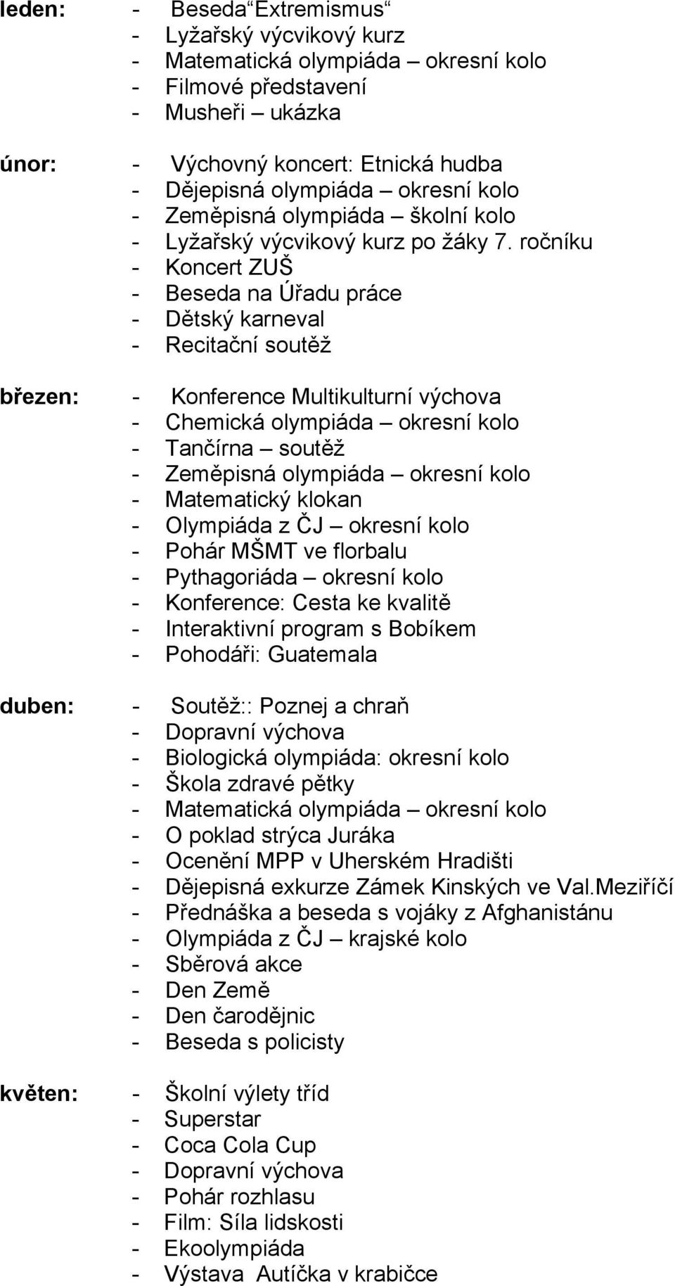 ročníku - Koncert ZUŠ - Beseda na Úřadu práce - Dětský karneval - Recitační soutěž březen: - Konference Multikulturní výchova - Chemická olympiáda okresní kolo - Tančírna soutěž - Zeměpisná olympiáda