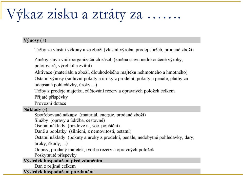 Aktivace (materiálu a zboží, dlouhodobého majteku nehmotného a hmotného) Ostatní výnosy (smluvní pokuty a úroky z prodelní, pokuty a penále, platby za odepsané pohledávky, úroky ) Tržby z prodeje