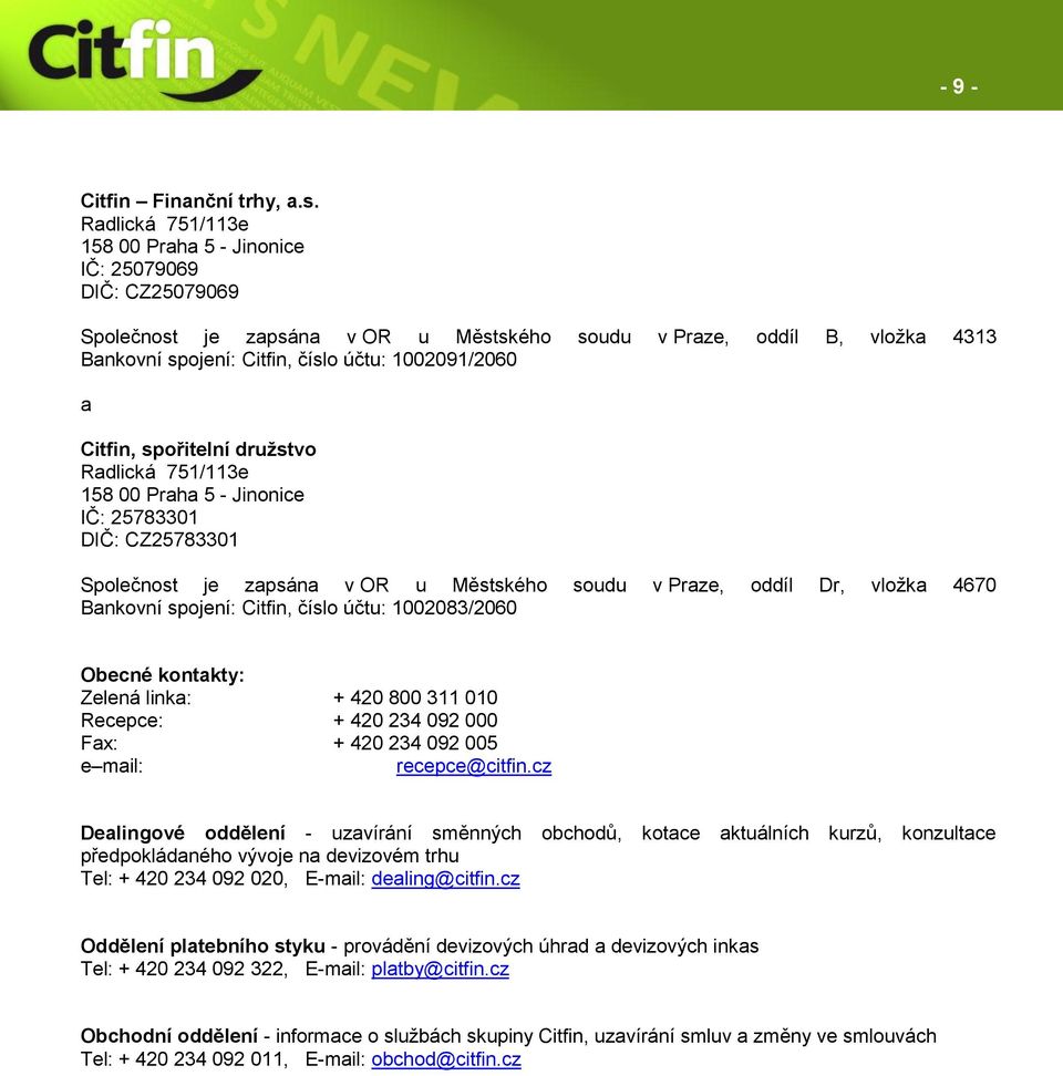 a Citfin, spořitelní družstvo Radlická 751/113e 158 00 Praha 5 - Jinonice IČ: 25783301 DIČ: CZ25783301 Společnost je zapsána v OR u Městského soudu v Praze, oddíl Dr, vložka 4670 Bankovní spojení: