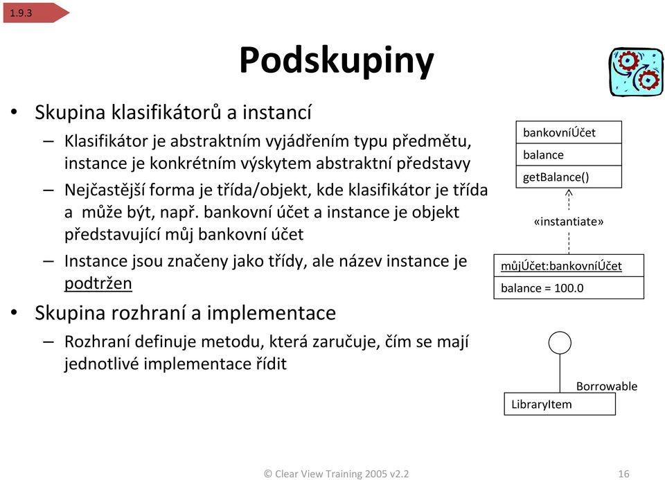 bankovníúčet a instance je objekt představující můj bankovní účet Instance jsou značeny jako třídy, ale název instance je podtržen Skupina rozhraní a