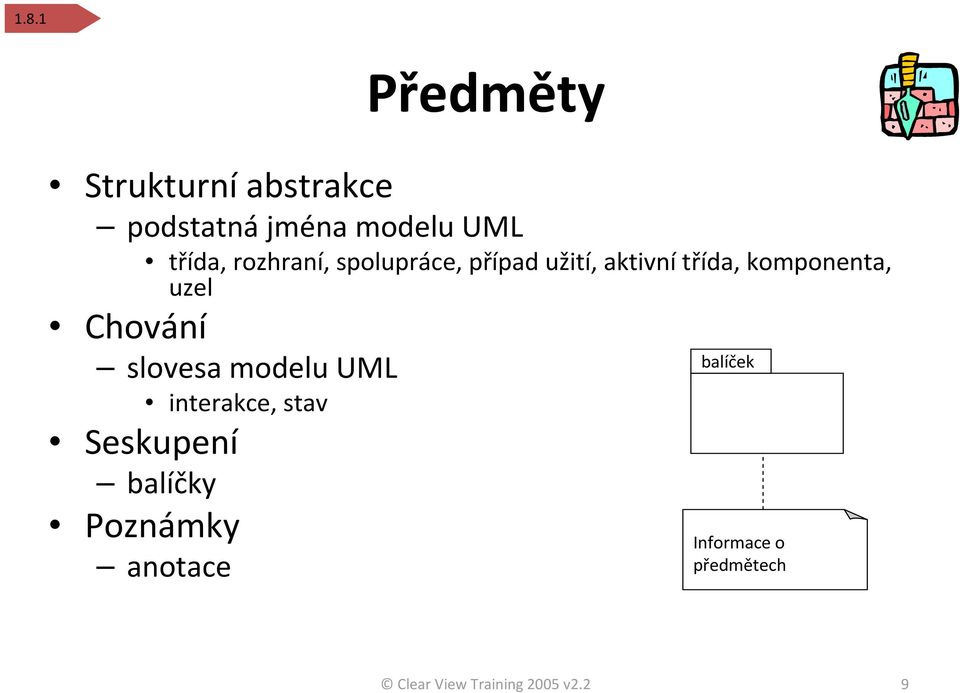 Chování slovesa modelu UML interakce, stav Seskupení balíčky