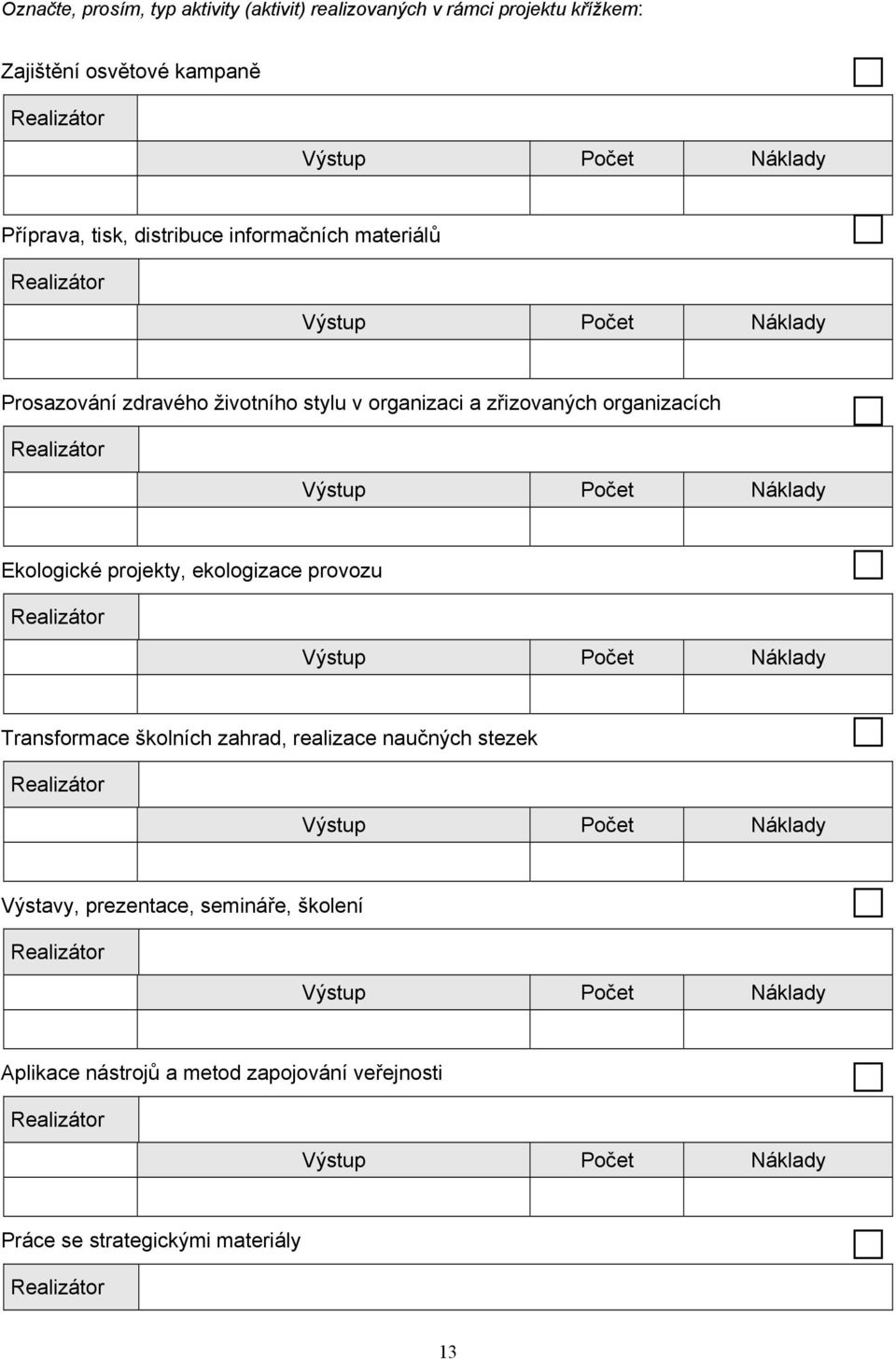 organizacích Ekologické projekty, ekologizace provozu Transformace školních zahrad, realizace naučných stezek