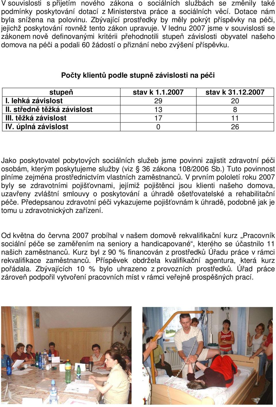 V lednu 2007 jsme v souvislosti se zákonem nov definovanými kritérii pehodnotili stupe závislosti obyvatel našeho domova na péi a podali 60 žádostí o piznání nebo zvýšení píspvku.