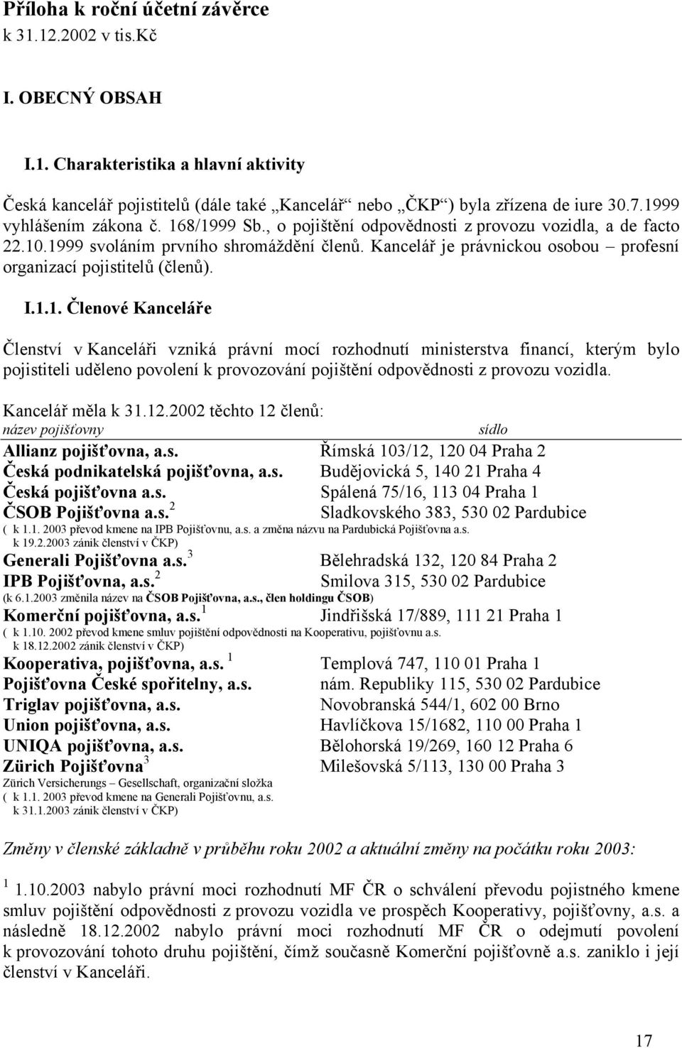 Kancelář je právnickou osobou profesní organizací pojistitelů (členů). I.1.
