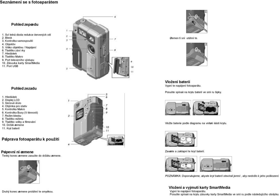 Kontrolka Makro 6. Kontrolka Busy (V èinnosti) 7. Režim blesku 8. Tlaèítko režimù 9. Tlaèítko volby a filmování 10. Držák øemene 11. Kryt baterií Vložení baterií Vypnìte napájení fotoaparátu.