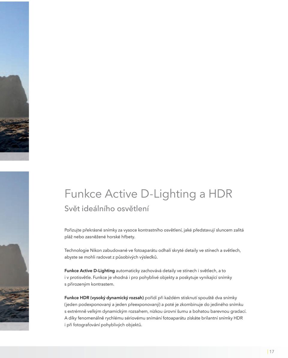 Funkce Active D-Lighting automaticky zachovává detaily ve stínech i světlech, a to i v protisvětle. Funkce je vhodná i pro pohyblivé objekty a poskytuje vynikající snímky s přirozeným kontrastem.