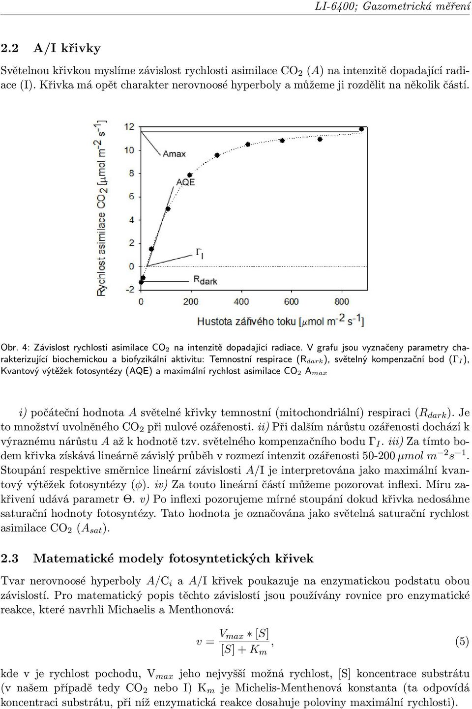 V grafu jsou vyznačeny parametry charakterizující biochemickou a biofyzikální aktivitu: Temnostní respirace (R dark ), světelný kompenzační bod (Γ I), Kvantový výtěžek fotosyntézy (AQE) a maximální