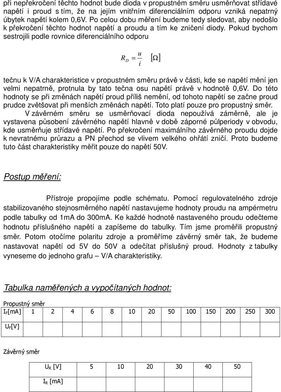 Pokud bychom sestrojili podle rovnice diferenciálního odporu R D = i u [ Ω] tečnu k V/A charakteristice v propustném směru právě v části, kde se napětí mění jen velmi nepatrně, protnula by tato tečna