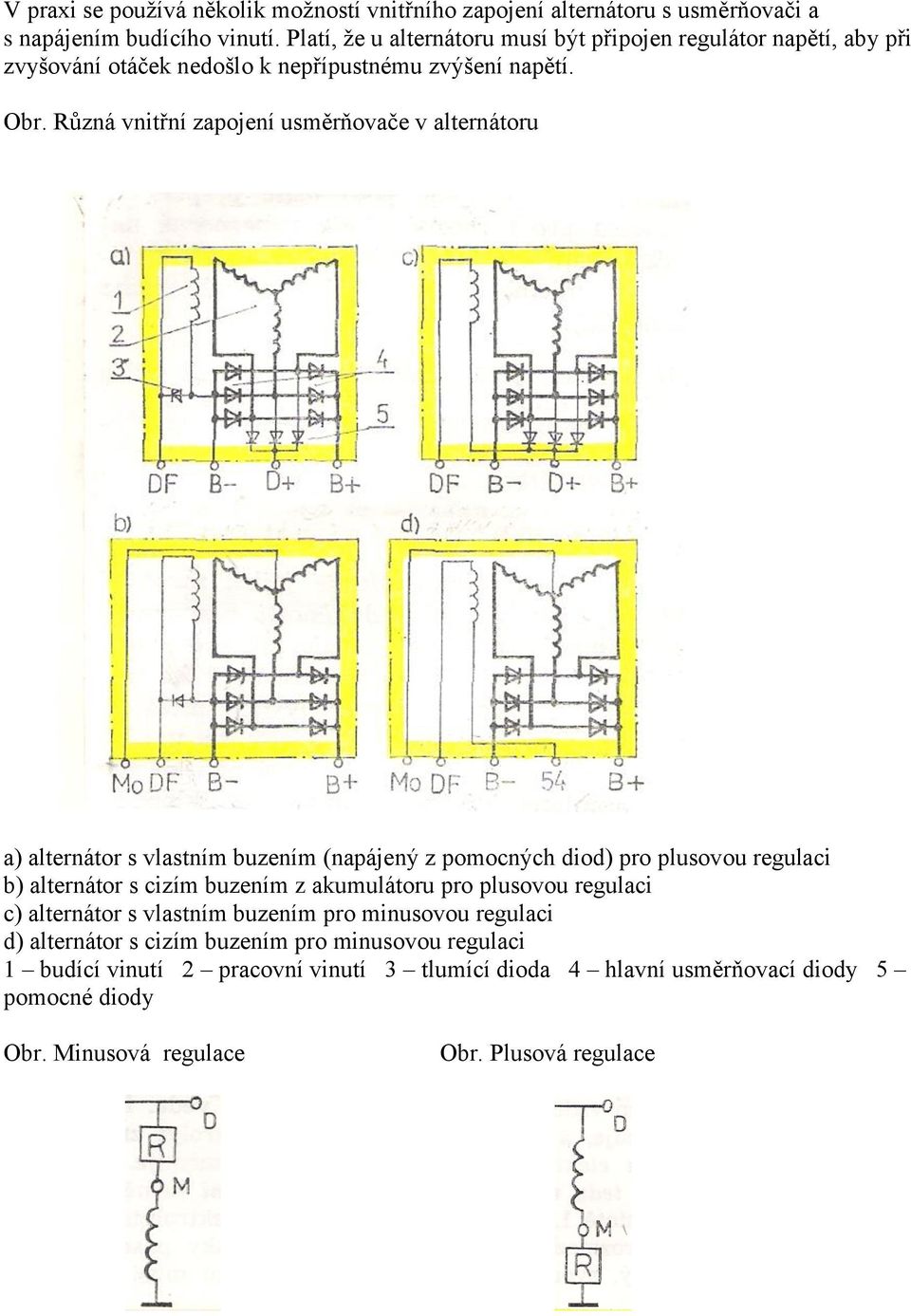 Různá vnitřní zapojení usměrňovače v alternátoru a) alternátor s vlastním buzením (napájený z pomocných diod) pro plusovou regulaci b) alternátor s cizím buzením z