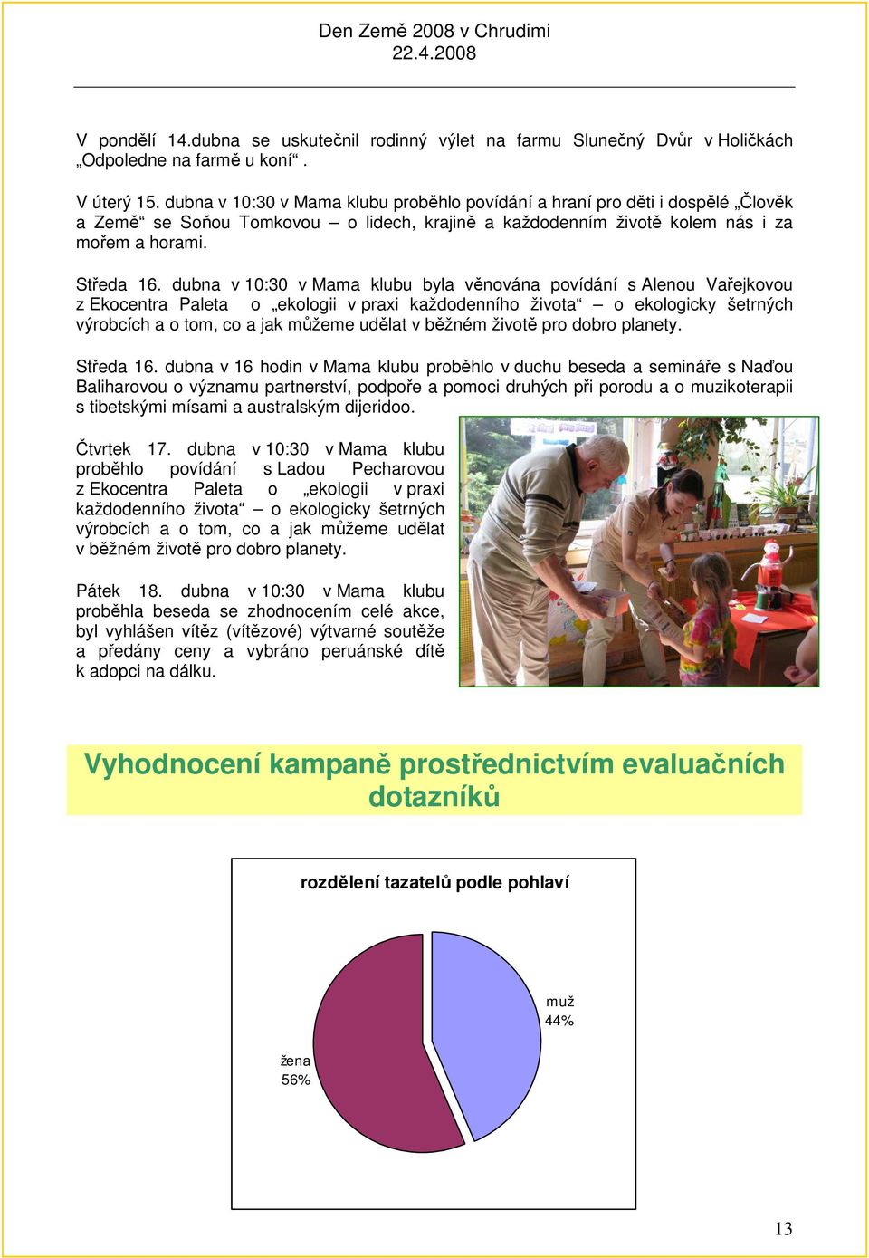 dubna v 10:30 v Mama klubu byla věnována povídání s Alenou Vařejkovou z Ekocentra Paleta o ekologii v praxi každodenního života o ekologicky šetrných výrobcích a o tom, co a jak můžeme udělat v