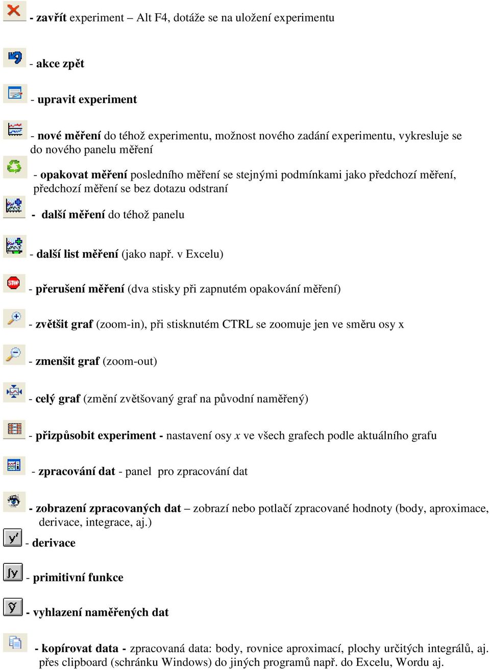 v Excelu) - přerušení měření (dva stisky při zapnutém opakování měření) - zvětšit graf (zoom-in), při stisknutém CTRL se zoomuje jen ve směru osy x - zmenšit graf (zoom-out) - celý graf (změní