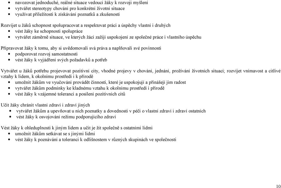 úspěchu Připravovat žáky k tomu, aby si uvědomovali svá práva a naplňovali své povinnosti podporovat rozvoj samostatnosti vést žáky k vyjádření svých požadavků a potřeb Vytvářet u žáků potřebu