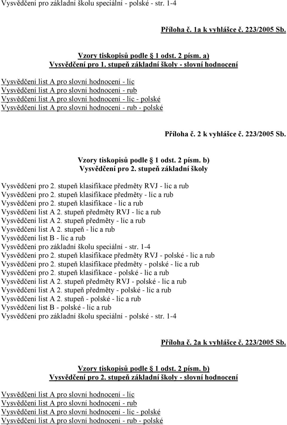 list A pro slovní hodnocení - rub - polské Příloha č. 2 k vyhlášce č. 223/2005 Sb. Vzory tiskopisů podle 1 odst. 2 písm. b) Vysvědčení pro 2. stupeň základní školy Vysvědčení pro 2.