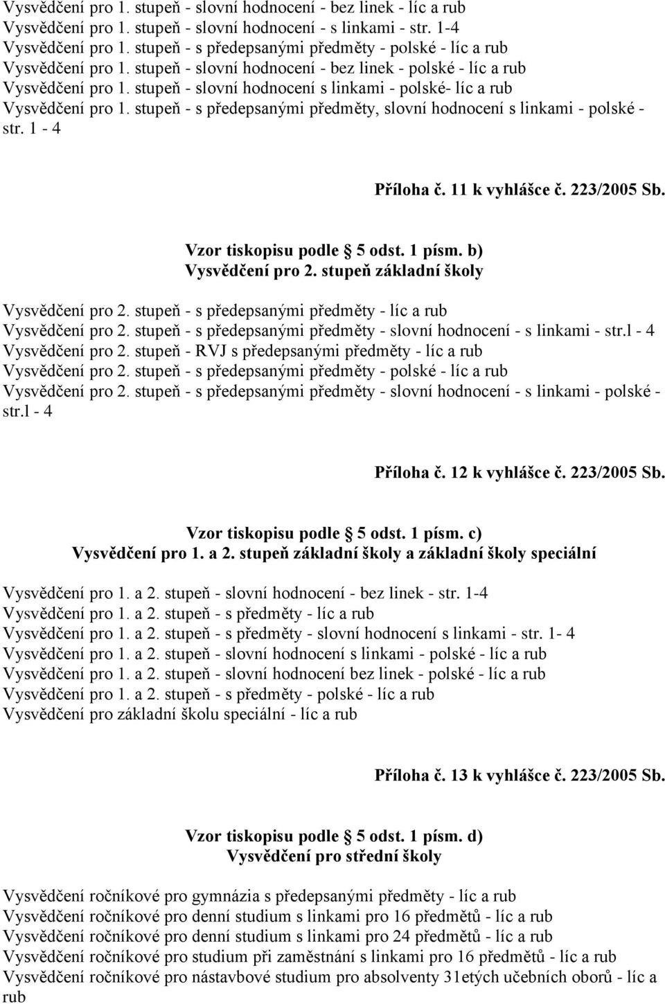 stupeň - slovní hodnocení s linkami - polské- líc a rub Vysvědčení pro 1. stupeň - s předepsanými předměty, slovní hodnocení s linkami - polské - str. 1-4 Příloha č. 11 k vyhlášce č. 223/2005 Sb.