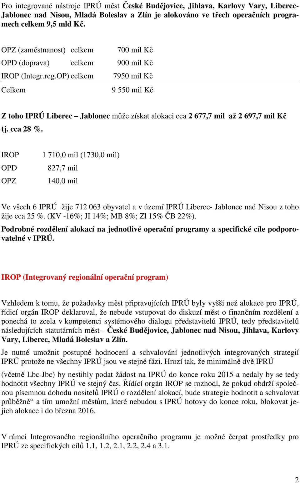 OP) celkem 7950 mil Kč Celkem 9 550 mil Kč Z toho IPRÚ Liberec Jablonec může získat alokaci cca 2 677,7 mil až 2 697,7 mil Kč tj. cca 28 %.