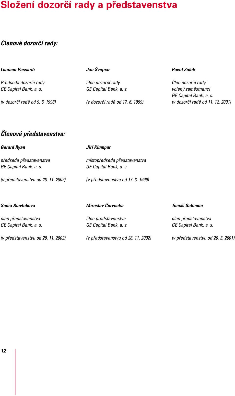 2001) Členové představenstva: Gerard Ryan předseda představenstva GE Capital Bank, a. s. (v představenstvu od 28. 11. 2002) Jiří Klumpar místopředseda představenstva GE Capital Bank, a. s. (v představenstvu od 17.
