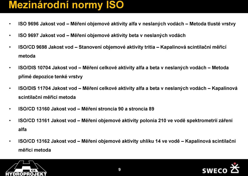 tenké vrstvy ISO/DIS 11704 Jakost vod Měření celkové aktivity alfa a beta v neslaných vodách Kapalinová scintilační měřicí metoda ISO/CD 13160 Jakost vod Měření stroncia 90 a stroncia 89