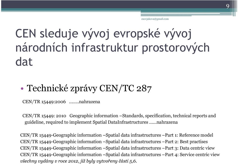 15449-Geographic information Spatial data infrastructures Part 1: Reference model CEN/TR 15449-Geographic information Spatial data infrastructures Part 2: Best practises CEN/TR