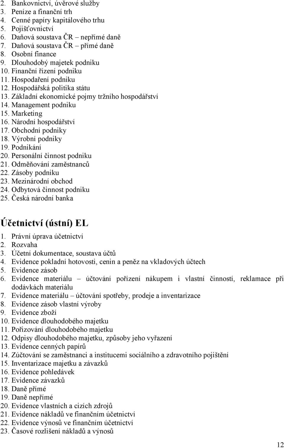 Marketing 16. Národní hospodářství 17. Obchodní podniky 18. Výrobní podniky 19. Podnikání 20. Personální činnost podniku 21. Odměňování zaměstnanců 22. Zásoby podniku 23. Mezinárodní obchod 24.