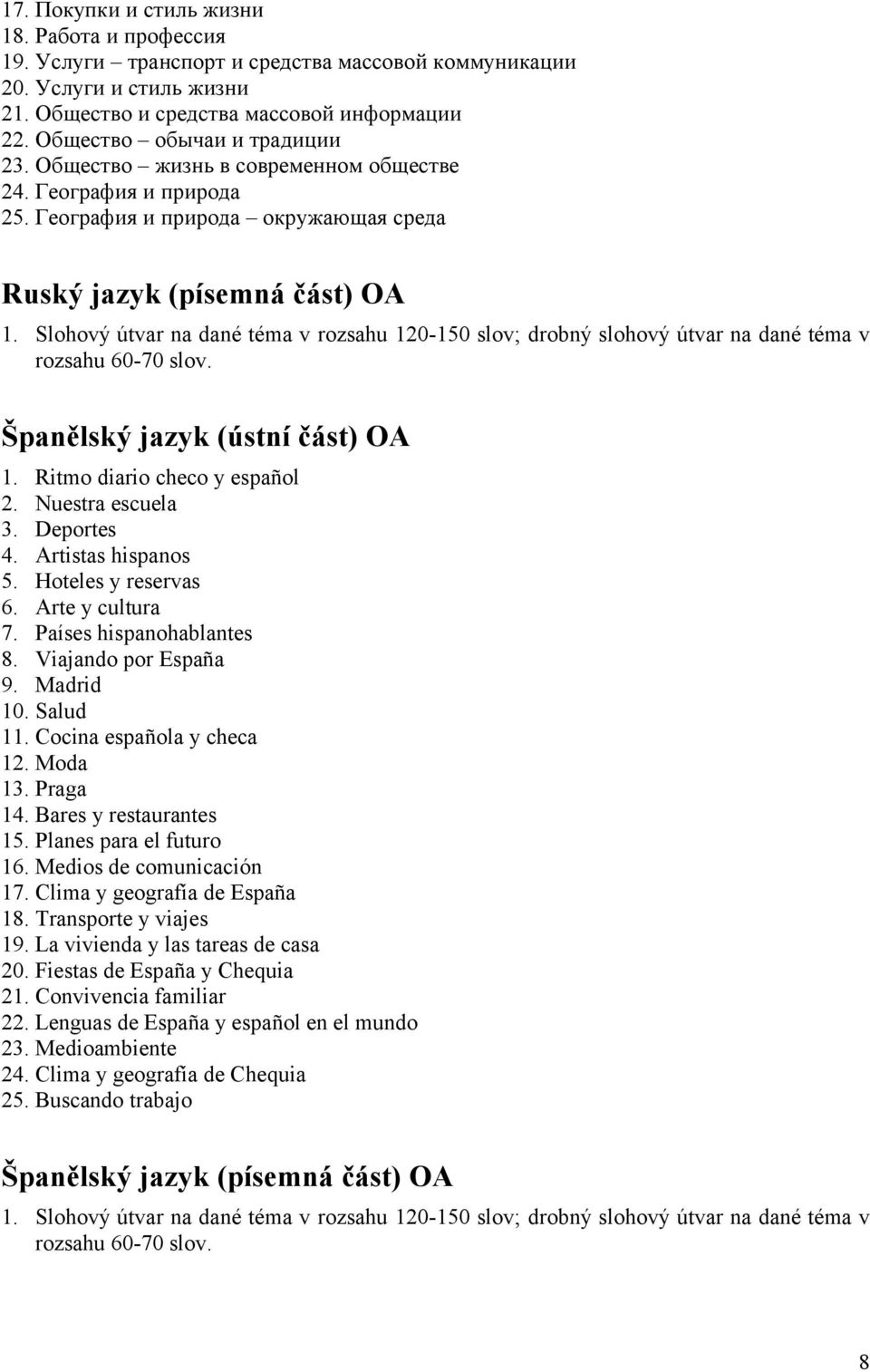 Slohový útvar na dané téma v rozsahu 120-150 slov; drobný slohový útvar na dané téma v rozsahu 60-70 slov. Španělský jazyk (ústní část) OA 1. Ritmo diario checo y español 2. Nuestra escuela 3.