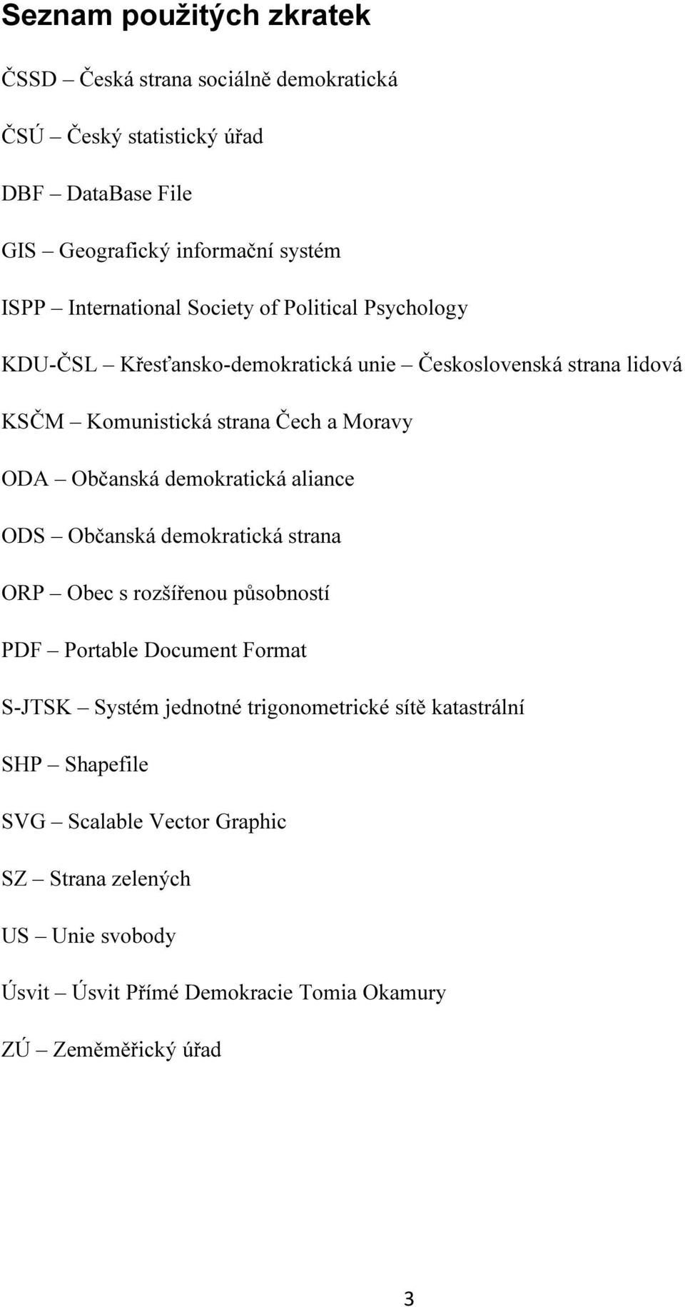 Občanská demokratická aliance ODS Občanská demokratická strana ORP Obec s rozšířenou působností PDF Portable Document Format S-JTSK Systém jednotné