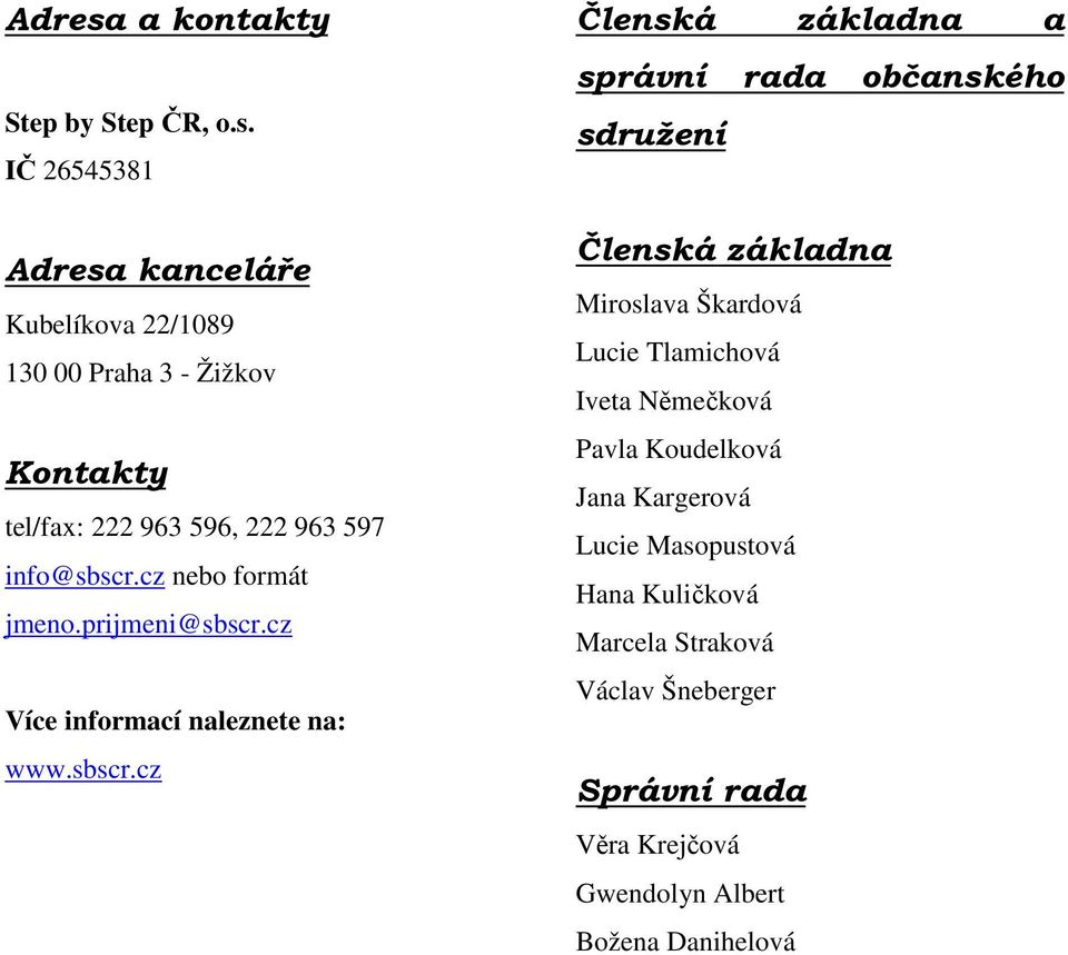 IČ 26545381  kanceláře Kubelíkova 22/1089 130 00 Praha 3 - Žižkov Kontakty tel/fax: 222 963 596, 222 963 597 info@sbscr.