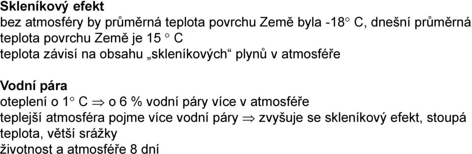 atmosféře Vodní pára oteplení o 1 C o 6 % vodní páry více v atmosféře teplejší atmosféra