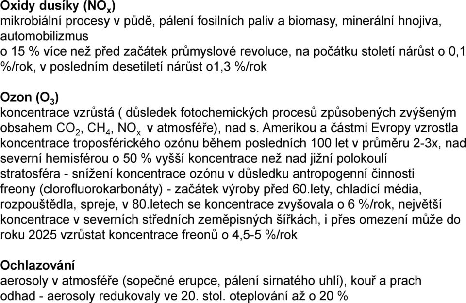 Amerikou a částmi Evropy vzrostla koncentrace troposférického ozónu během posledních 100 let v průměru 2-3x, nad severní hemisférou o 50 % vyšší koncentrace než nad jižní polokoulí stratosféra -