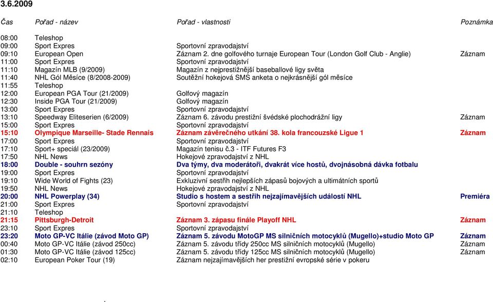 SMS anketa o nejkrásnější gól měsíce 12:00 European PGA Tour (21/2009) Golfový magazín 12:30 Inside PGA Tour (21/2009) Golfový magazín 13:10 Speedway Eliteserien (6/2009) Záznam 6.