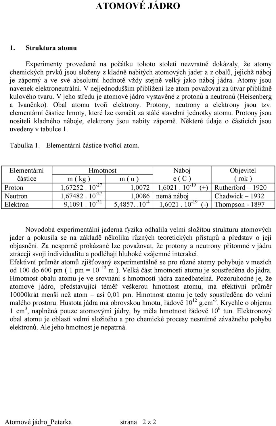 své absolutní hodnotě vždy stejně velký jako náboj jádra. Atomy jsou navenek elektroneutrální. V nejjednodušším přiblížení lze atom považovat za útvar přibližně kulového tvaru.