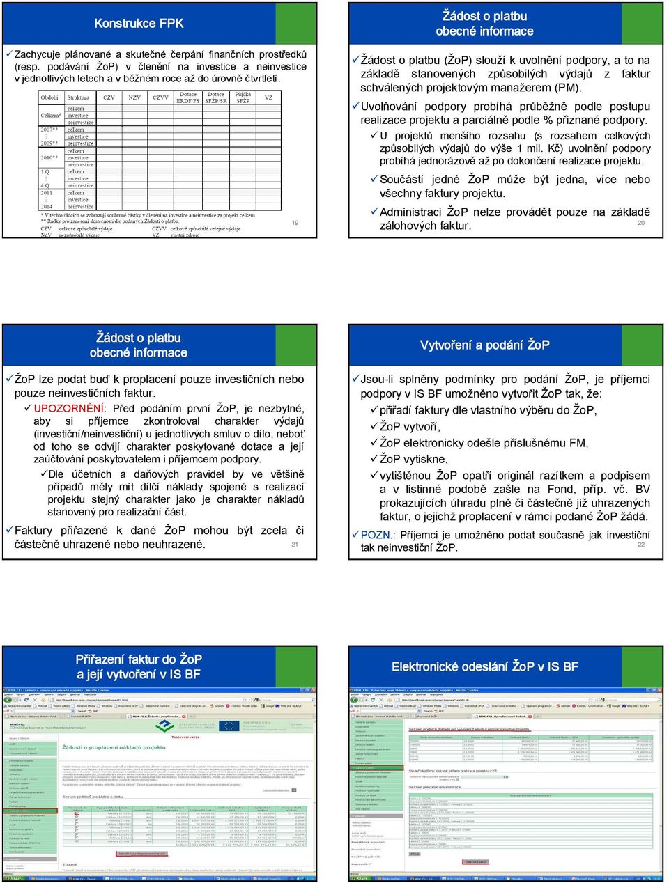 Uvolňování podpory probíhá průběžně podle postupu realizace projektu a parciálně podle % přiznané podpory. U projektů menšího rozsahu (s rozsahem celkových způsobilých výdajů do výše 1 mil.