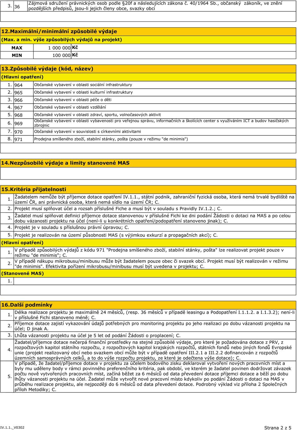 výše způsobilých výdajů na projekt) MAX MIN 1 000 000 Kč 100 000 Kč 1Způsobilé výdaje (kód, název) 964 Občanské vybavení v oblasti sociální infrastruktury 965 Občanské vybavení v oblasti kulturní