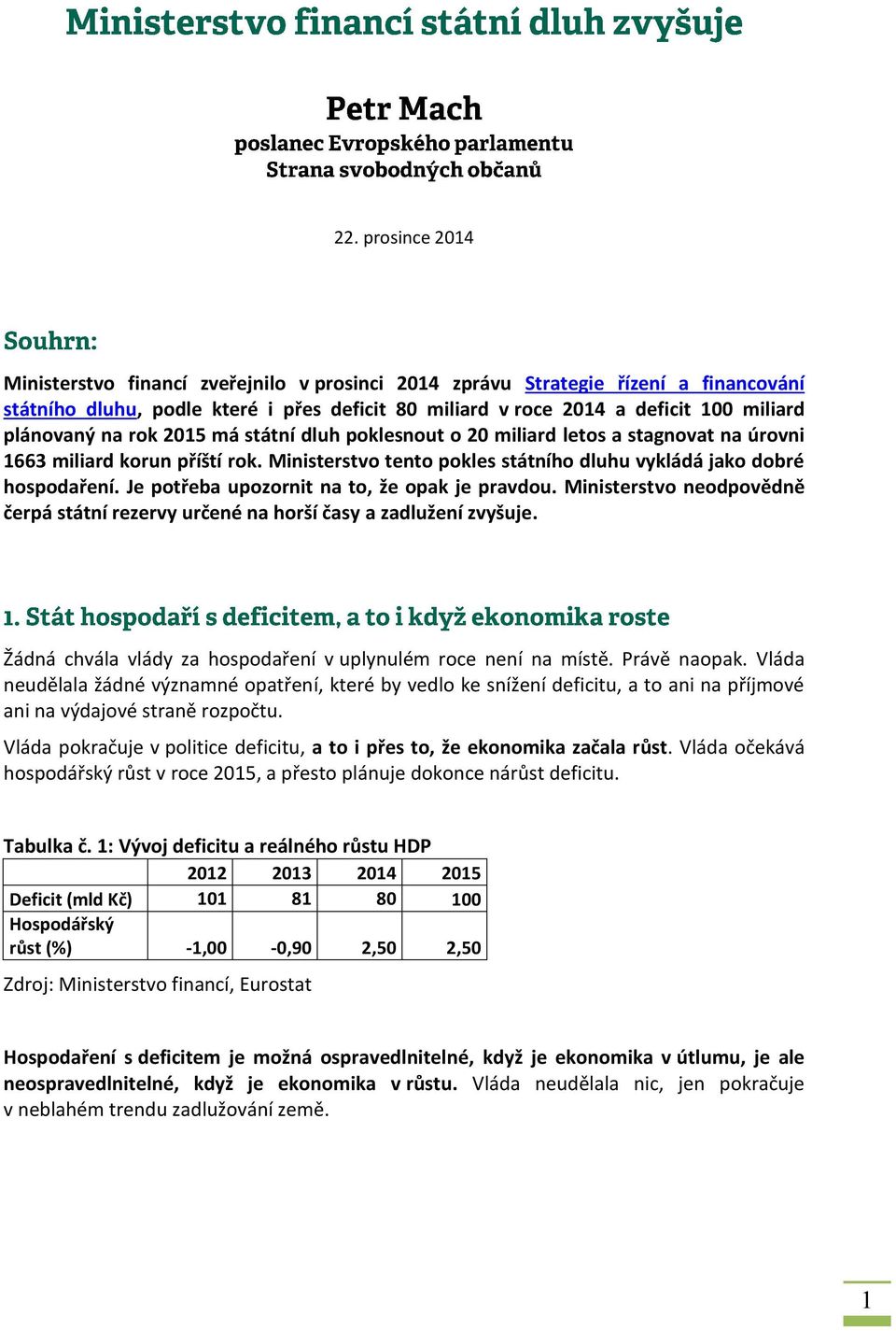 Je potřeba upozornit na to, že opak je pravdou. Ministerstvo neodpovědně čerpá státní rezervy určené na horší časy a zadlužení zvyšuje.