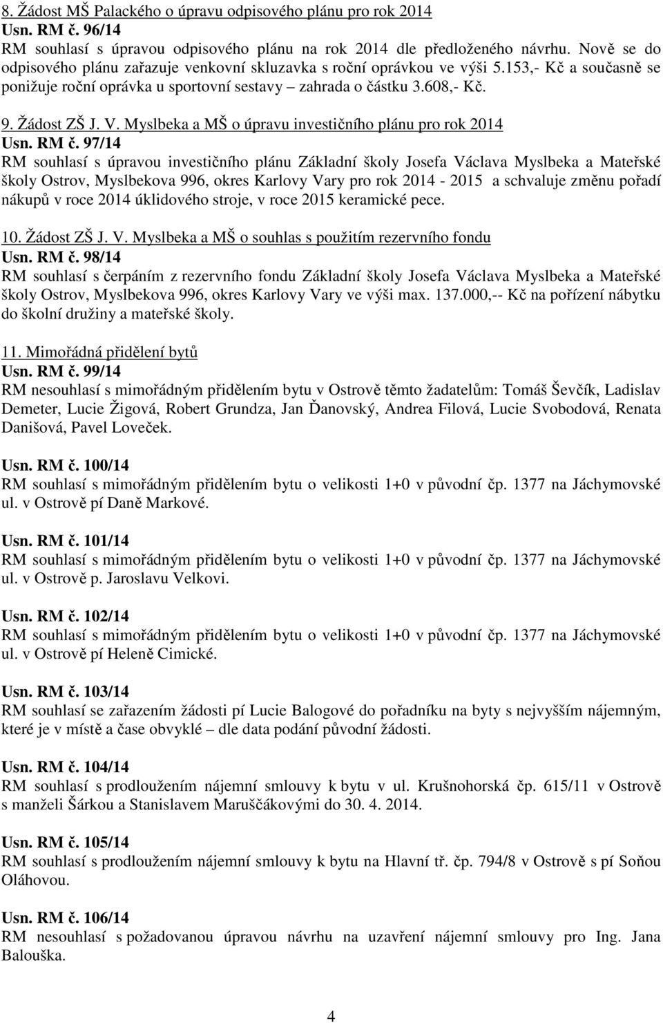 Myslbeka a MŠ o úpravu investičního plánu pro rok 2014 Usn. RM č.