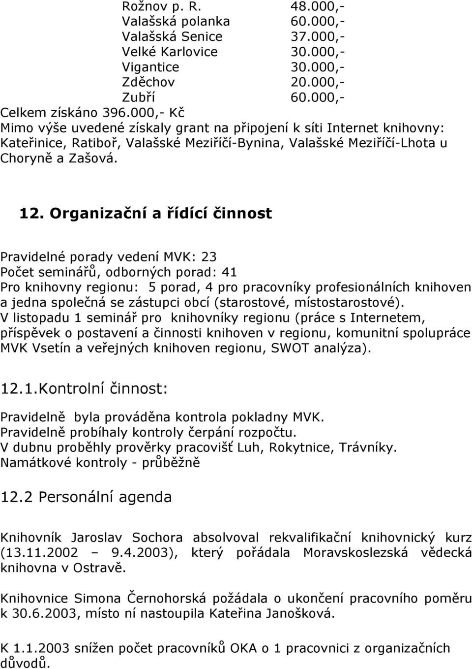 Organizační a řídící činnost Pravidelné porady vedení MVK: 23 Počet seminářů, odborných porad: 41 Pro knihovny regionu: 5 porad, 4 pro pracovníky profesionálních knihoven a jedna společná se zástupci