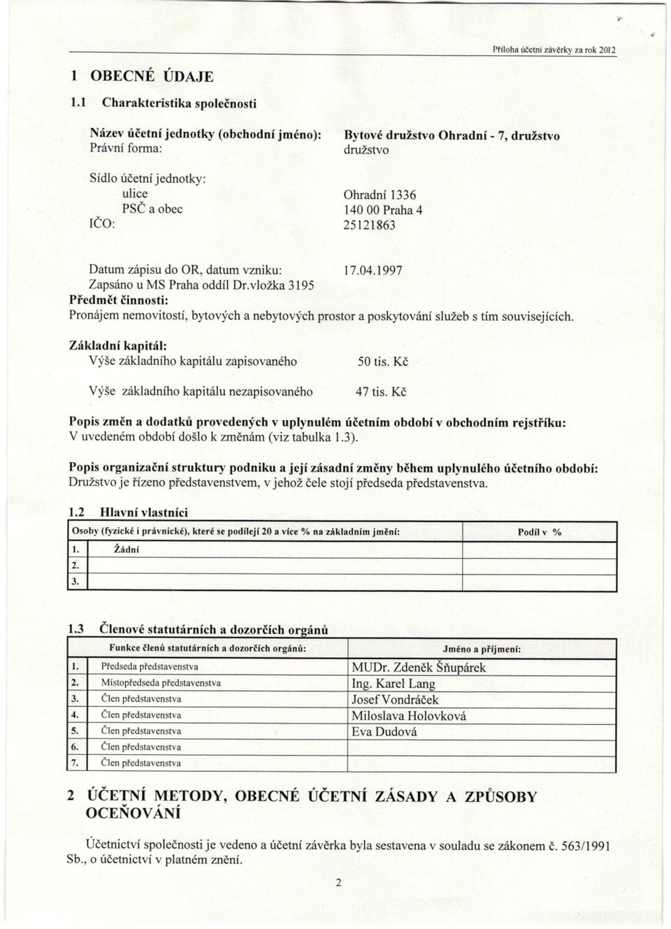 Praha 4 Datum zipisu do OR, datum vzniku: 17.4.1997 Zapsiino u MS Praha oddil Dr.