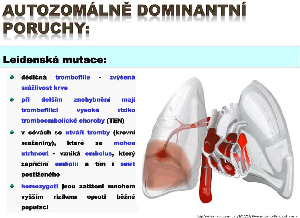 utrhnout - vzniká embolus, který zapříčiní embolii a tím i smrt postiženého homozygoti jsou zatíženi