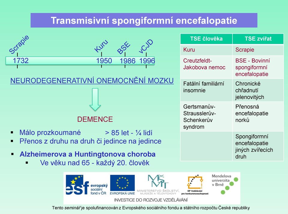 člověk Kuru TSE člověka Creutzfeldt- Jakobova nemoc Fatální familiární insomnie Gertsmanův- Strausslerův- Schenkerův syndrom TSE zvířat