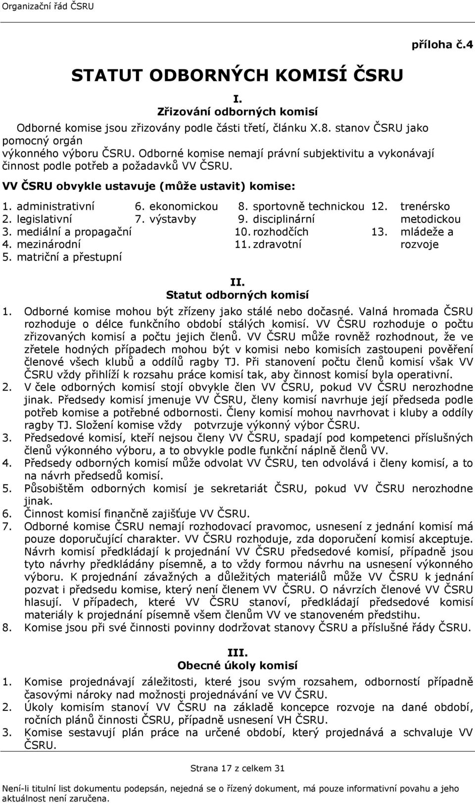 trenérsko 2. legislativní 7. výstavby 9. disciplinární metodickou 3. mediální a propagační 10. rozhodčích 13. mládeţe a 4. mezinárodní 11. zdravotní rozvoje 5. matriční a přestupní II.