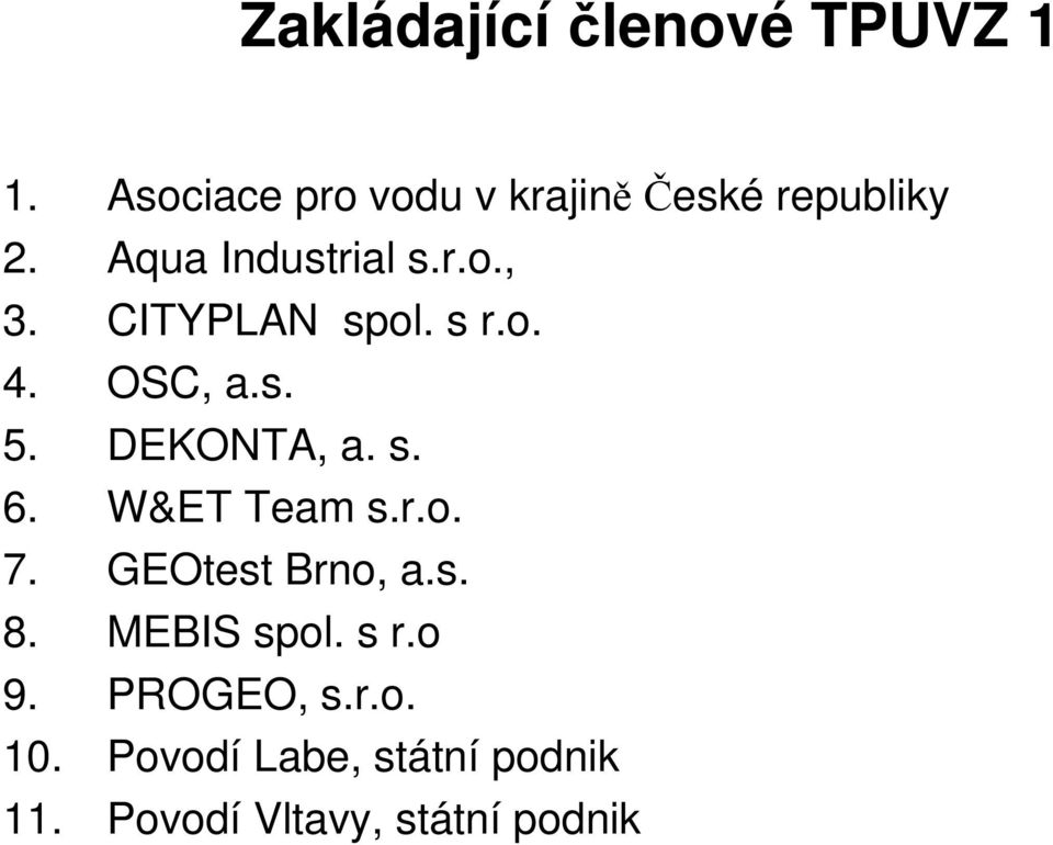 CITYPLAN spol. s r.o. 4. OSC, a.s. 5. DEKONTA, a. s. 6. W&ET Team s.r.o. 7.