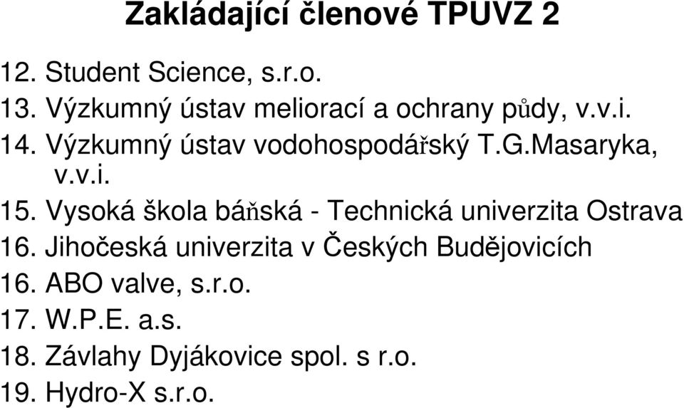 Masaryka, v.v.i. 15. Vysoká škola báňská - Technická univerzita Ostrava 16.