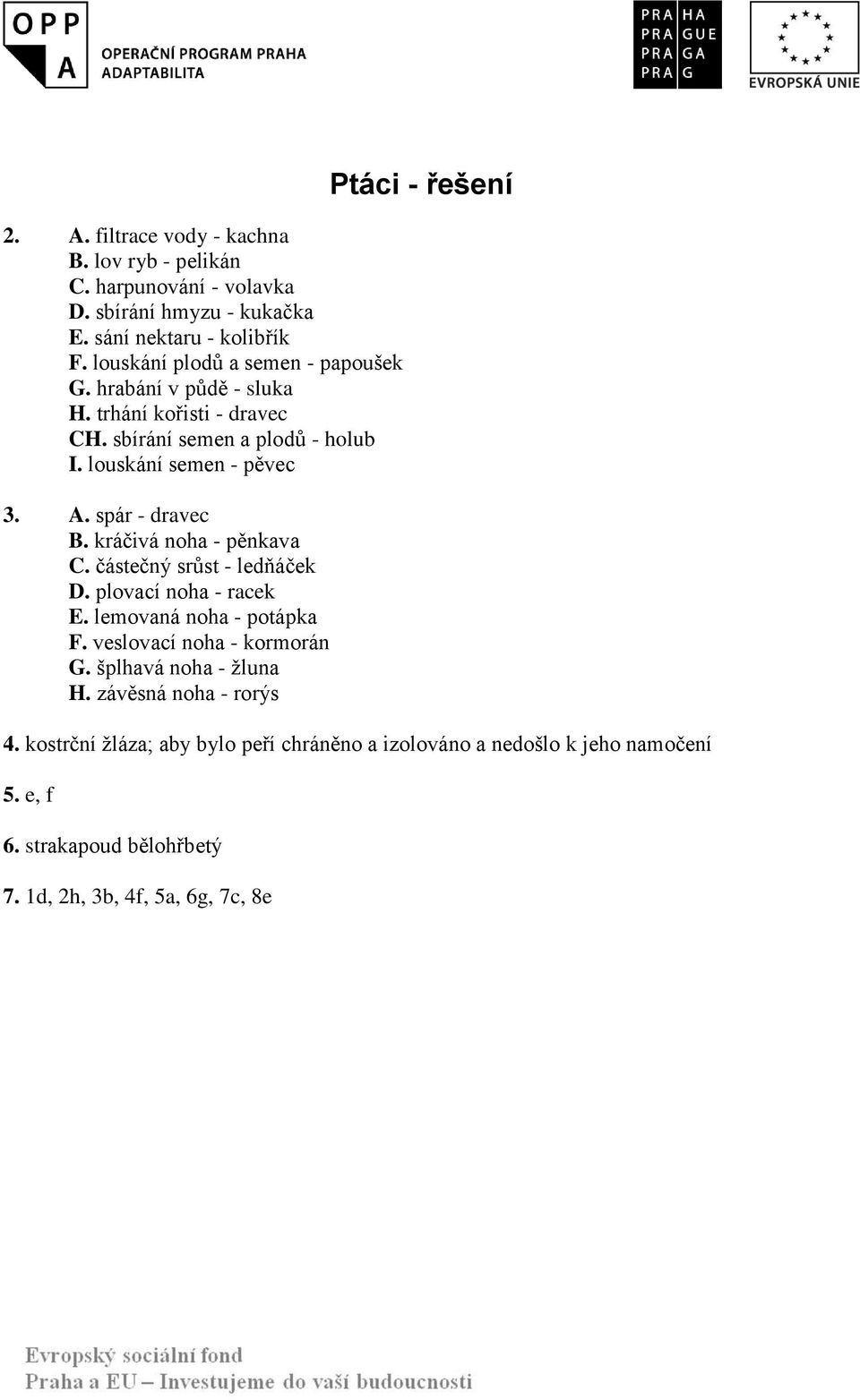 spár - dravec B. kráčivá noha - pěnkava C. částečný srůst - ledňáček D. plovací noha - racek E. lemovaná noha - potápka F. veslovací noha - kormorán G.