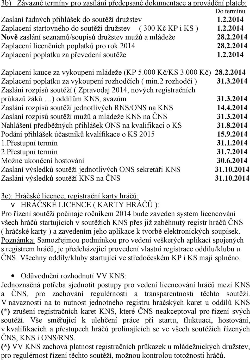 2.2014 Zaplacení kauce za vykoupení mládeže (KP 5.000 Kč/KS 3.000 Kč) 28.2.2014 Zaplacení poplatku za vykoupení rozhodčích ( min.2 rozhodčí ) 31.3.2014 Zaslání rozpisů soutěží ( Zpravodaj 2014, nových registračních průkazů žáků ) oddílům KNS, svazům 31.