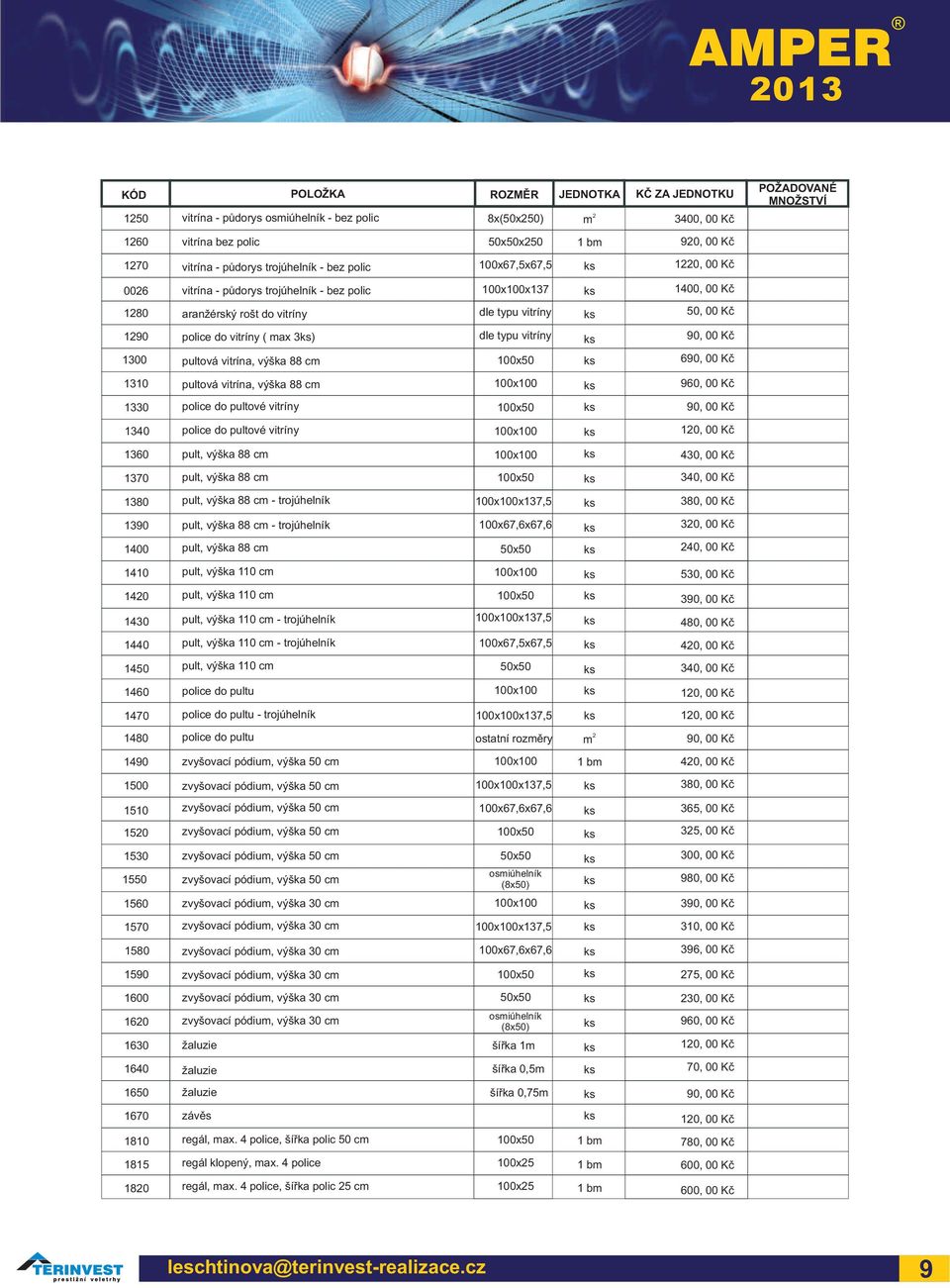 ax 3) dle typu vitríny 90, 00 Kè 1300 pultová vitrína, výška 88 c 100x50 690, 00 Kè 1310 pultová vitrína, výška 88 c 100x100 960, 00 Kè 1330 police do pultové vitríny 100x50 90, 00 Kè 1340 police do