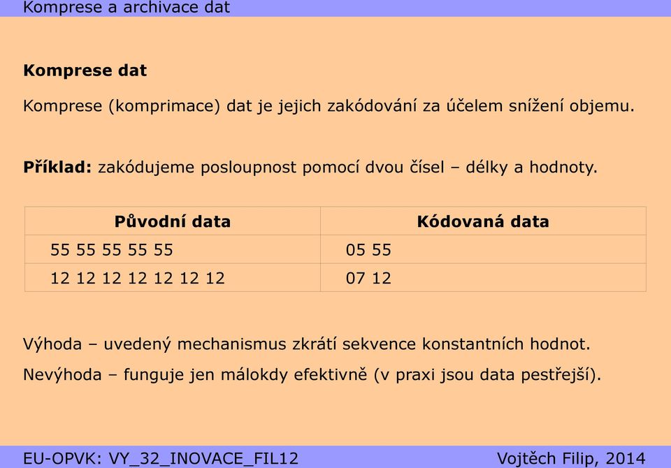 Původní data 55 55 55 55 55 05 55 12 12 12 12 12 12 12 07 12 Kódovaná data Výhoda uvedený