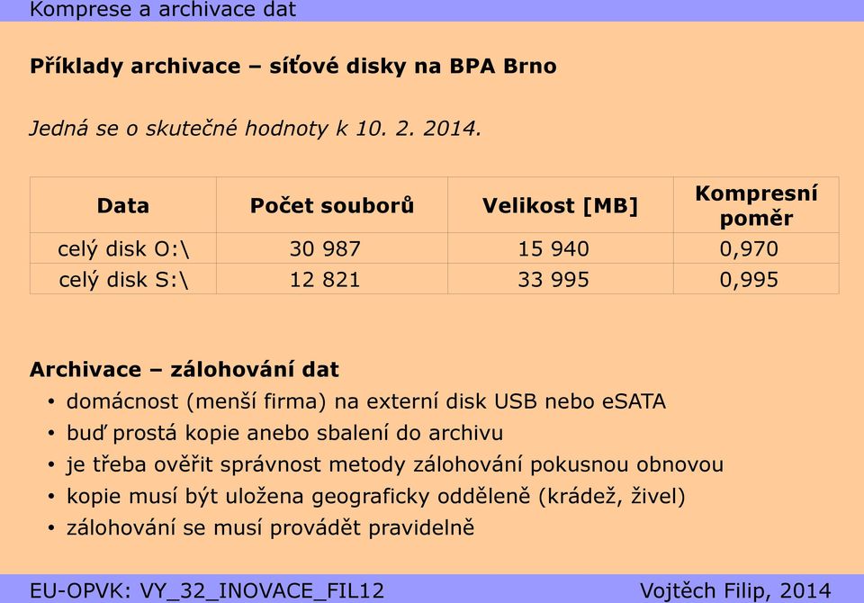 Archivace zálohování dat domácnost (menší firma) na externí disk USB nebo esata buď prostá kopie anebo sbalení do archivu