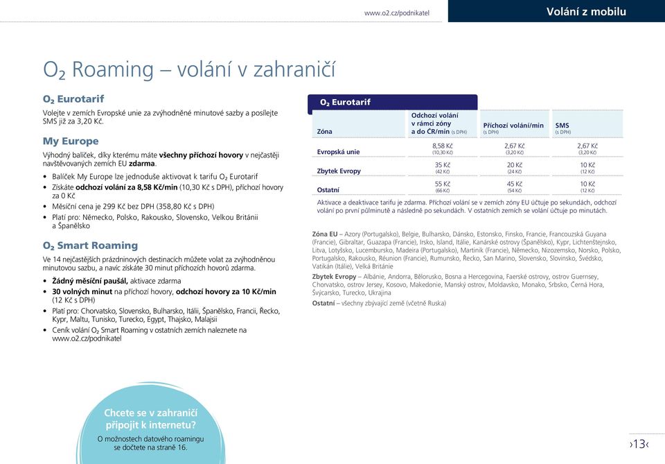 Balíček My Europe lze jednoduše aktivovat k tarifu O 2 Eurotarif Získáte odchozí volání za 8,58 Kč/min (10,30 Kč s DPH), příchozí hovory za 0 Kč Měsíční cena je 299 Kč bez DPH (358,80 Kč s DPH) Platí