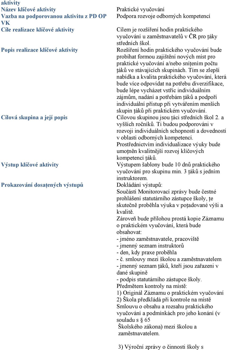 Rozšíření hodin praktického vyučování bude probíhat formou zajištění nových míst pro praktické vyučování a/nebo sníţením počtu ţáků ve stávajících skupinách.