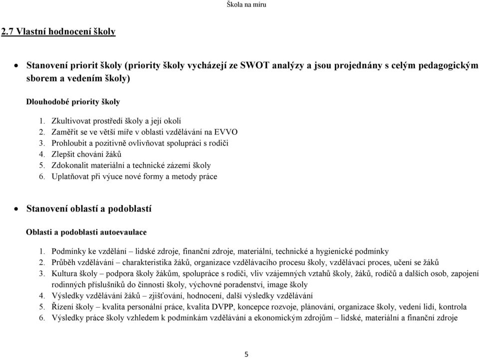 Zdokonalit materiální a technické zázemí školy 6. Uplatňovat při výuce nové formy a metody práce Stanovení oblastí a podoblastí Oblasti a podoblasti autoevaulace 1.